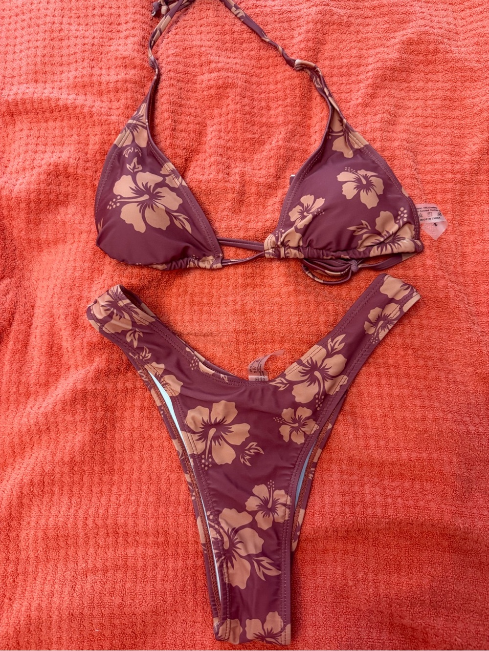 Floral Triangle Bikini Set in Mauve and Beige - Women's Swim